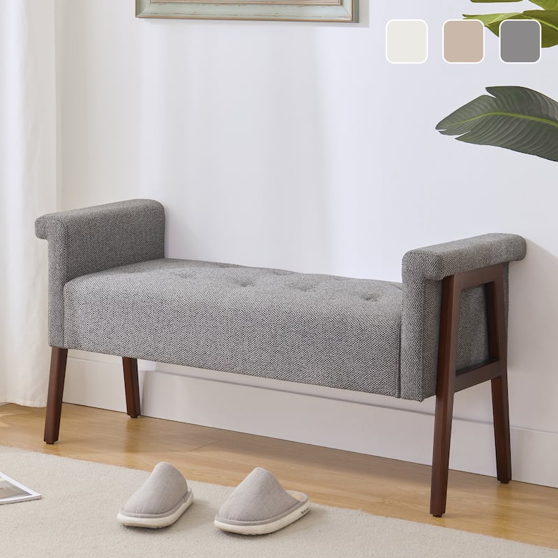 Modern Fabric Upholstered Entryway Storage Bench with Wooden Legs and Armrests