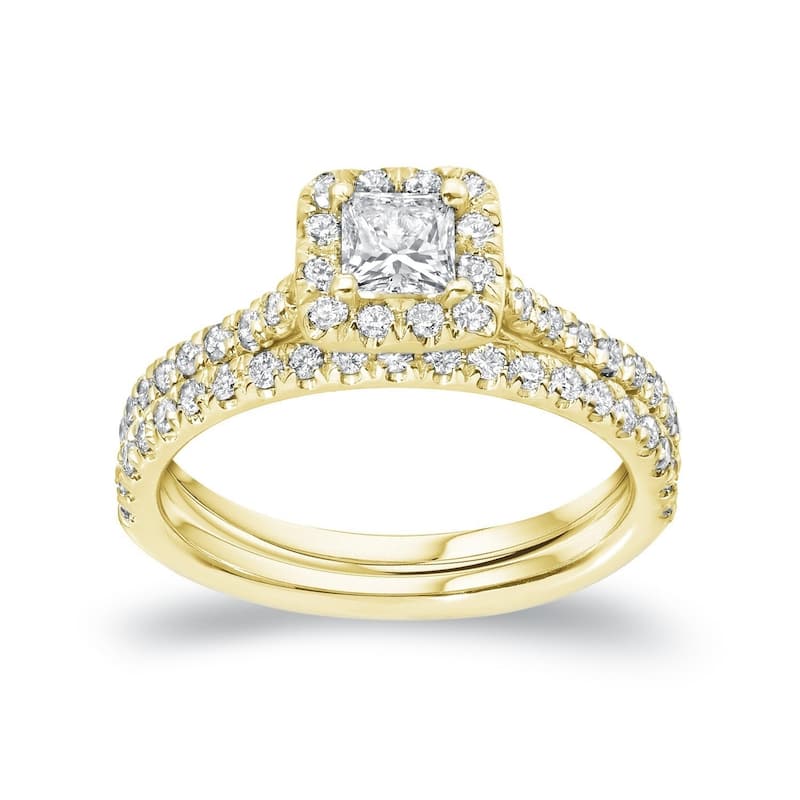 Auriya 14k Gold 1ctw Princess-cut Halo Diamond Engagement Ring Set - Yellow - 4