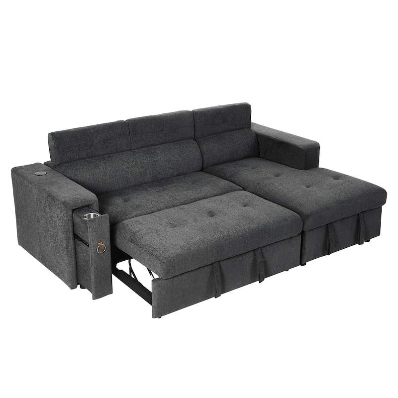 96" L-Shaped 3-Seat Sectional Sofa with Pull-Out Bed, Wireless Charging, and Hidden Storage with Cup Holders