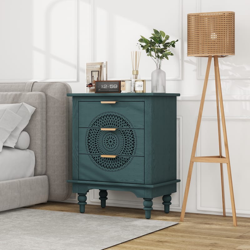 Roomfitters Hollow Carved 3 Drawer Dresser, Accent Storage Cabinet with Metal Handles, Green - Blackish Green