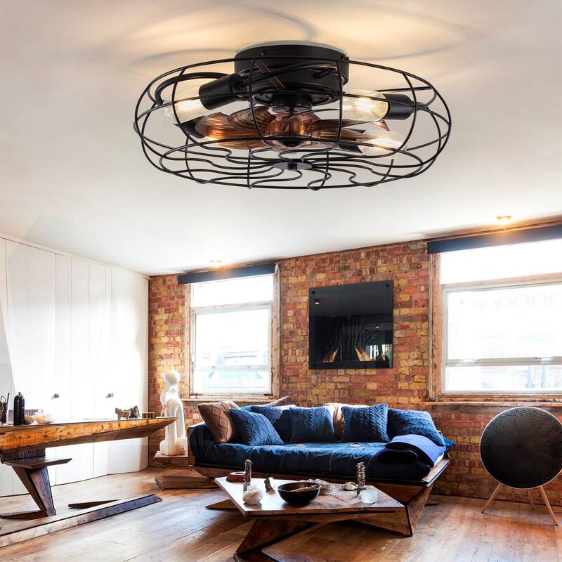 19 Inch Ceiling Fan Light With 6 Speed Remote 8 Blade Reversible DC Motor For Bedroom - Black