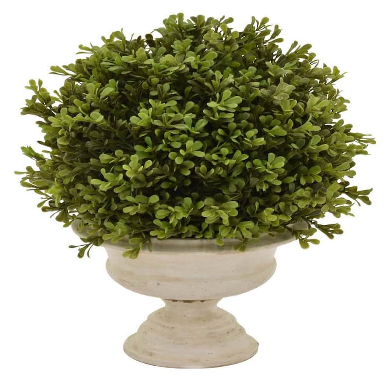 15 Inch Faux Boxwood Topiary Plant in Urn Pedestal Pot, Off White Planter