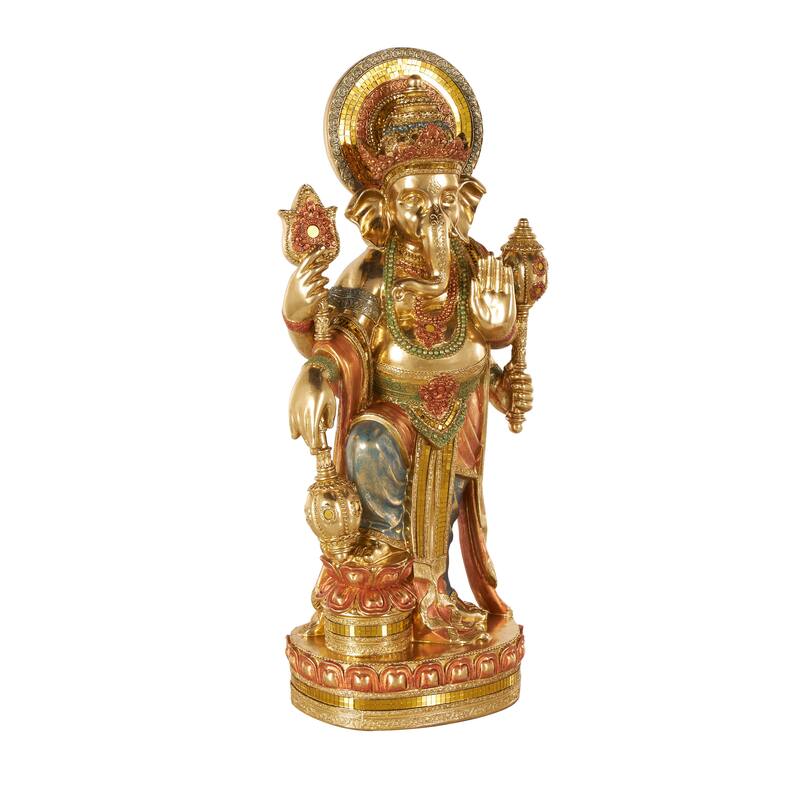 Gold Resin Ganesh Decorative Sculpture with Green, Blue, and Red Accents