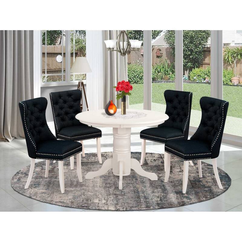 Modern 5 Piece Dining Set - Round Kitchen Table with 4 Linen Chairs - Coastal White