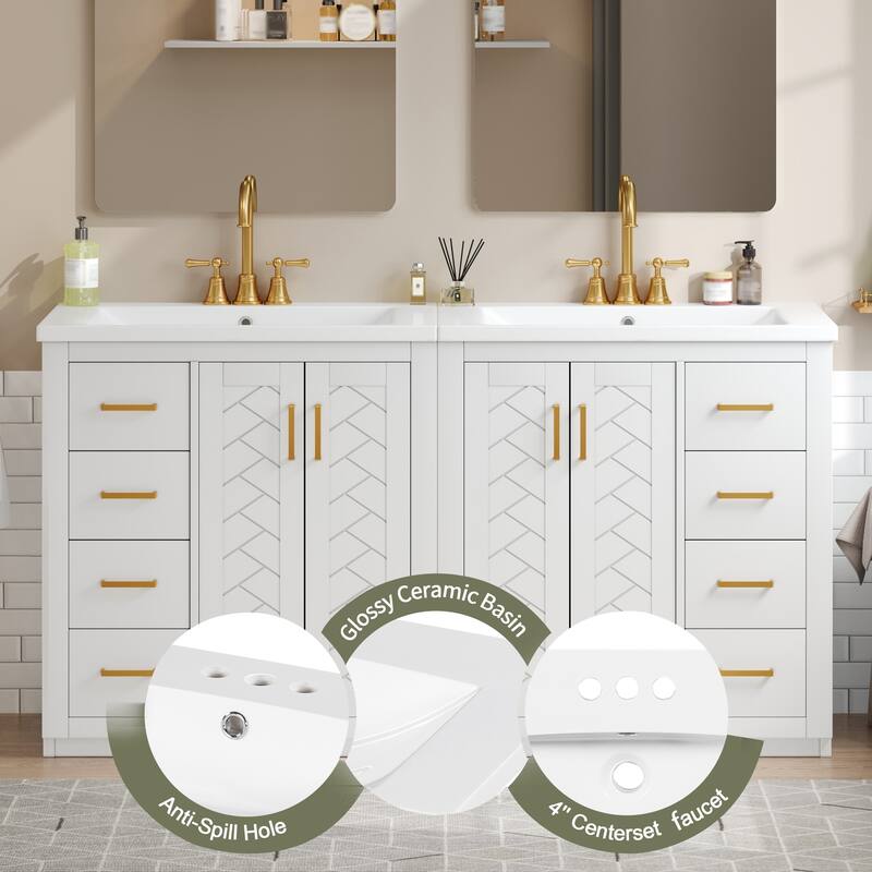 60" Modern Bathroom Vanity with Separate Ceramic Sink, Solid Wood and MDF Storage Cabinet, Soft Closing Doors