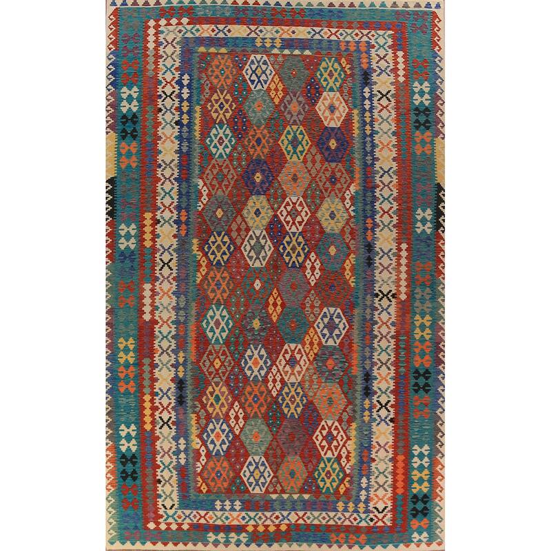 All-Over Geometric Kilim Oriental Large Rug Hand-Woven Wool Carpet - 10'6"x 16'3"