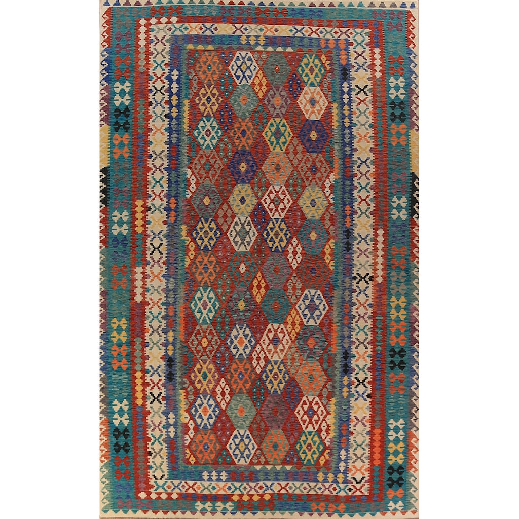 All-Over Geometric Kilim Oriental Large Rug Hand-Woven Wool Carpet - 10'6"x 16'3"