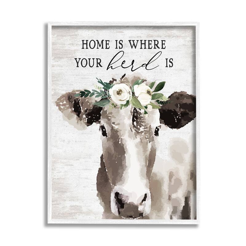 Stupell Home's Where Your Herd Is Boho Floral Cow Framed Wall Art - 24 x 30 - White