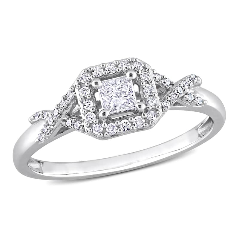Miadora 10k White Gold 1/3ct TDW Diamond Halo Crossover Engagement Ring