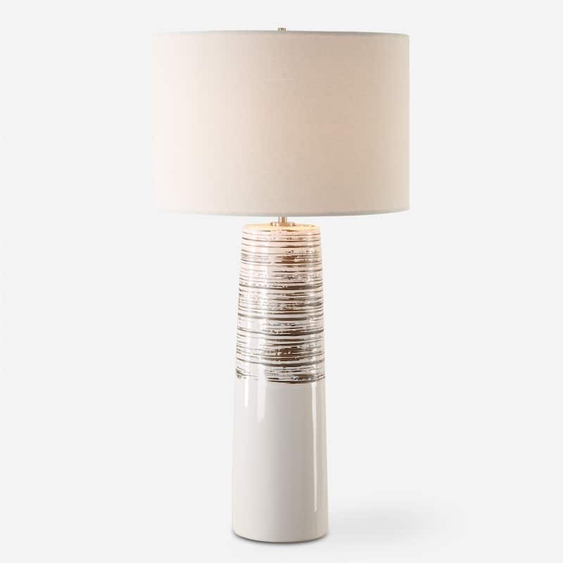 Glazed and Ribbed Table Lamp with Drum Shade - 29.5" - White and Beige