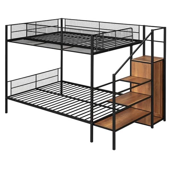 slide 2 of 10, Black Twin Over Full Metal Bunk Bed Lateral Storage Ladder & Wardrobe Black - Full