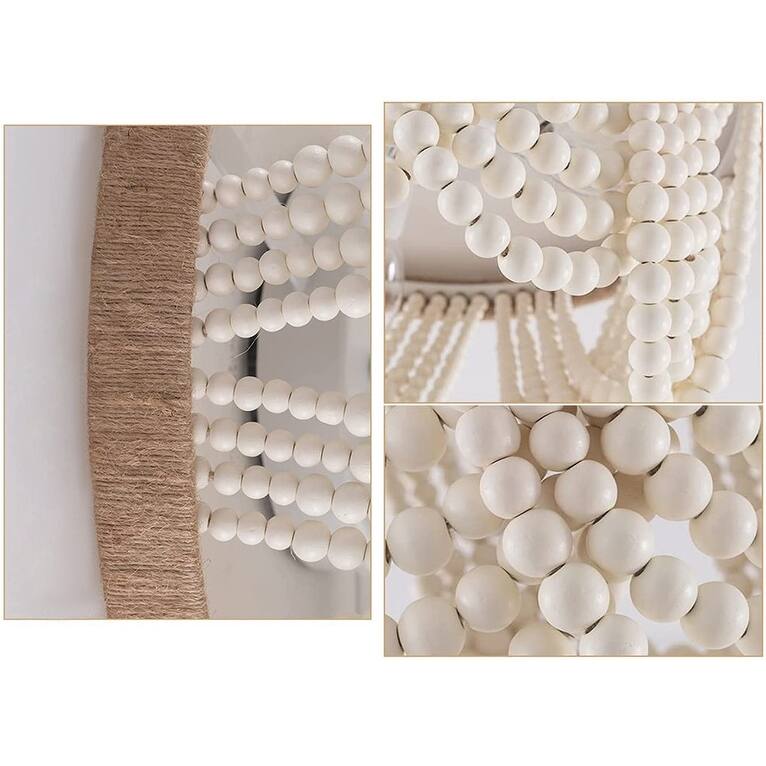 Vintage 3-Light Oak Wood Bead Matte White Bohemia Style Ceiling Lamp