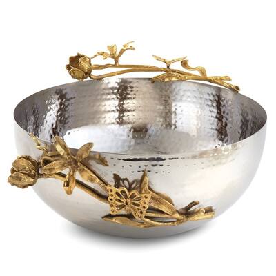 Curata Hammered Stainless Steel with Golden Butterfly Garden Trim Centerpiece Bowl
