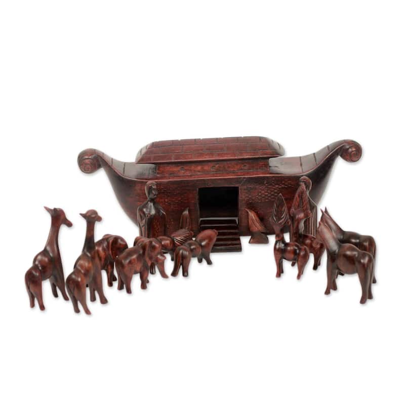 Handmade Noahs Ark (15 pieces) Teak sculptures (Ghana) - 41 x 19 x 12
