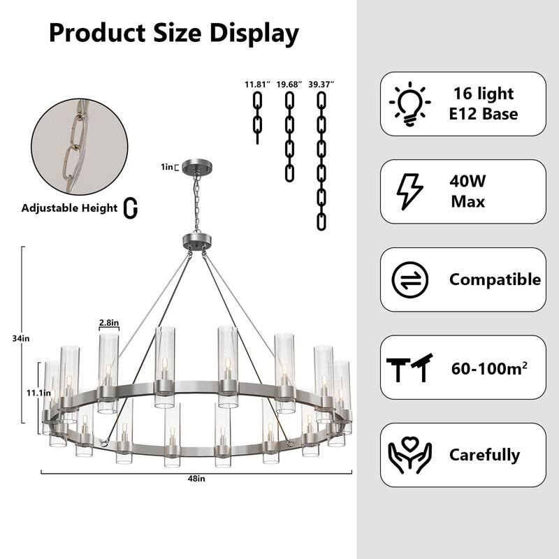 KAYLA 48" 16-Light Gold Chandelier, Wagon Wheel Chandelier with Glass Shade, Modern Farmhouse Chandelier - 48in