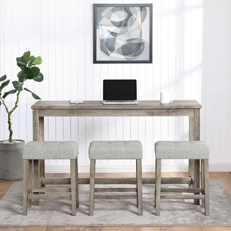 Bar Table Set with 3 Stools and Power Outlet