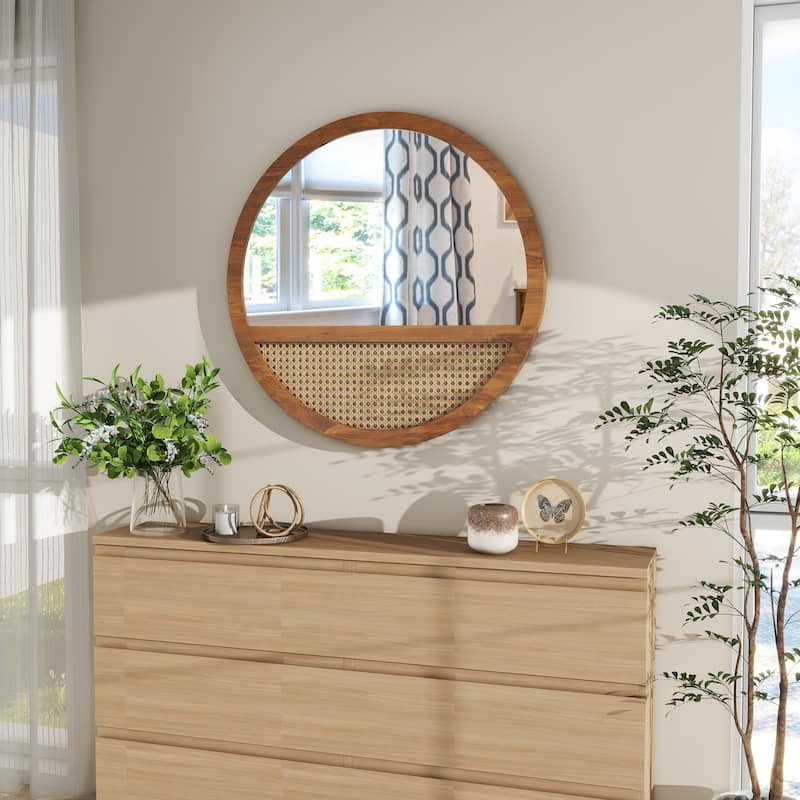 Rattan Boho Wall Mirror - 24"×24" - Natural