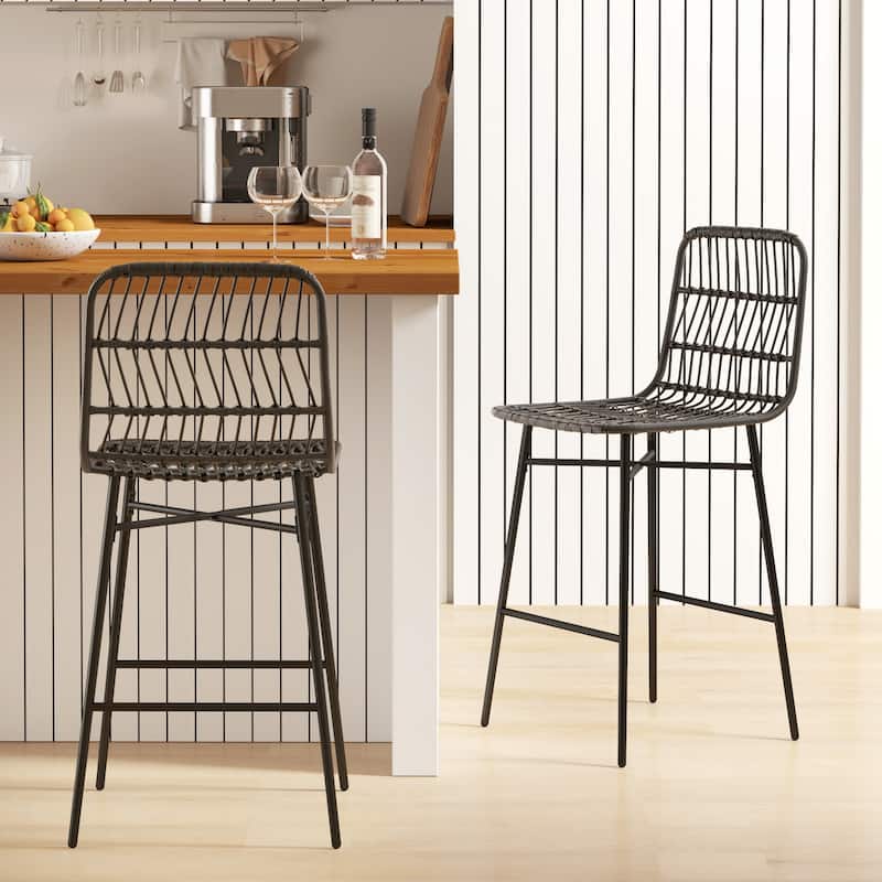 HOMCOM Rattan Counter Height Bar Stools Set of 2, 26" Wicker Barstools with Back, Modern Bar Chairs for Kitchen Island, Black