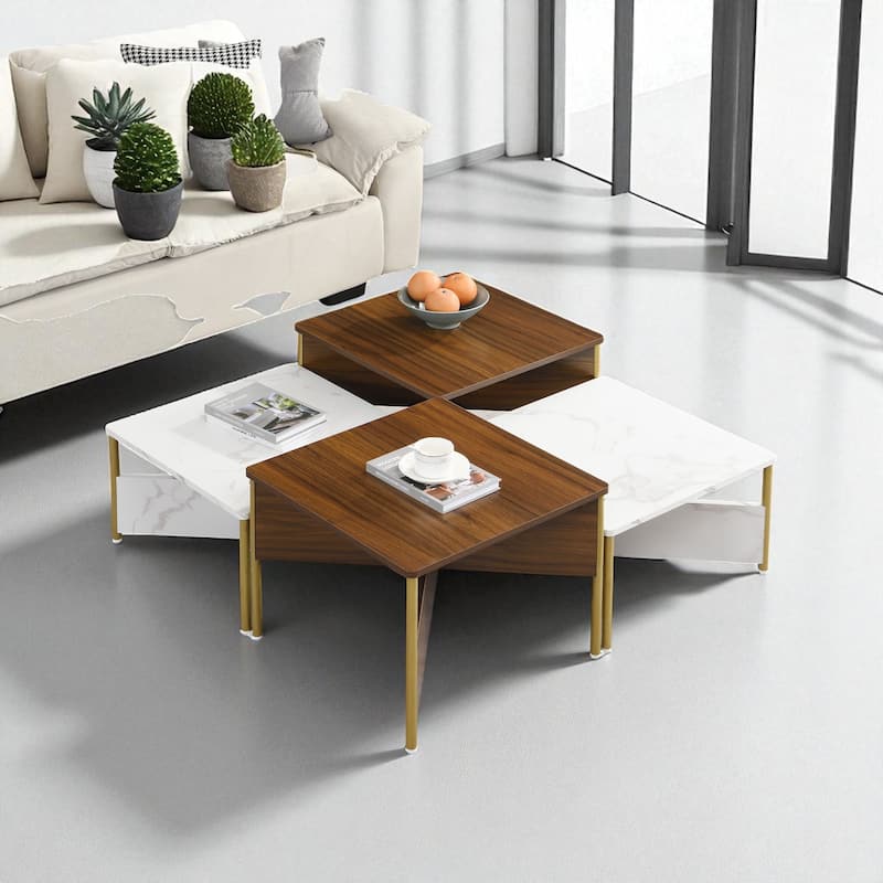 Modern Nesting Coffee Table Set of 4, Square Accent Tables with Adjustable Shape, Marble Finish & Metal Legs - White Walnut