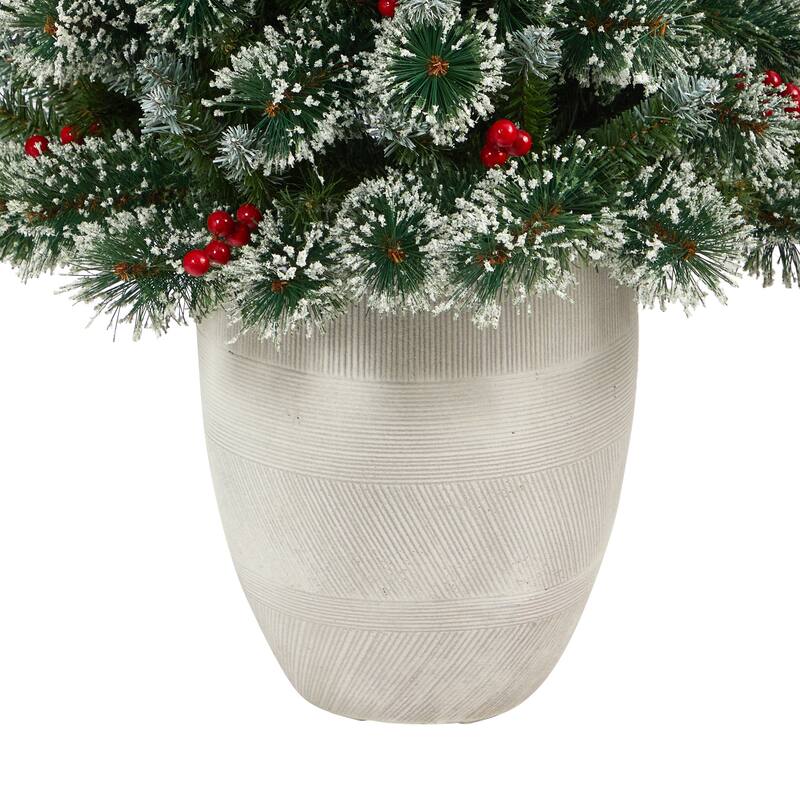 50" Frosted Swiss Pine Artificial Christmas Tree with 100 Clear LED Lights and Berries in White Planter