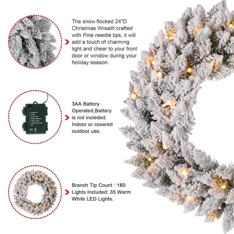 Glitzhome 24"D Pre-Lit Christmas Wreath with LED Light and Timer
