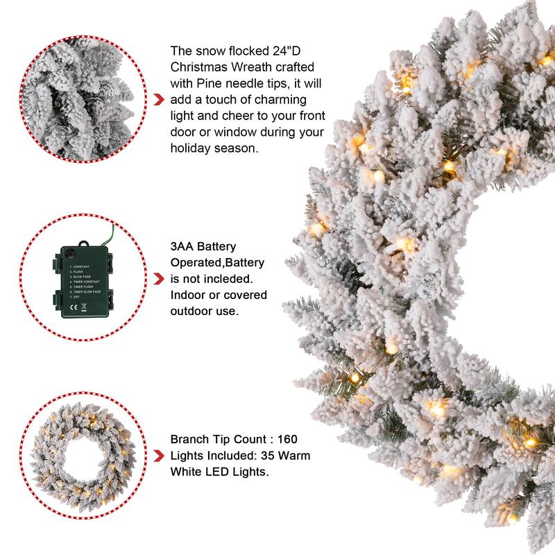 Glitzhome Snow Flocked Christmas Wreath or Garland with LED and Timer