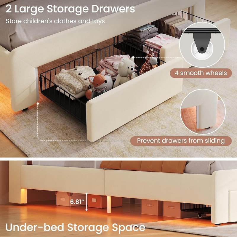 LED Bed Frame Storage DrawerSafety Guardrails Velvet Princess Platform Bed Kids