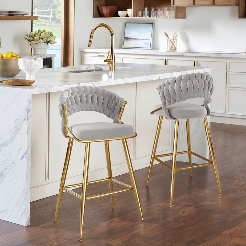 25.2" Modern Velvet Counter Stool with Gold Accents, Ergonomic Design & Plush Seat for Kitchen Island & Bar - Gray