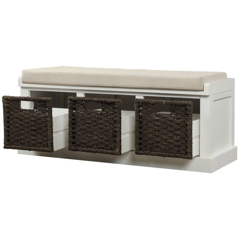Rustic Storage Bench with 3 Removable Classic Rattan Basket , Entryway Bench with Removable Cushion