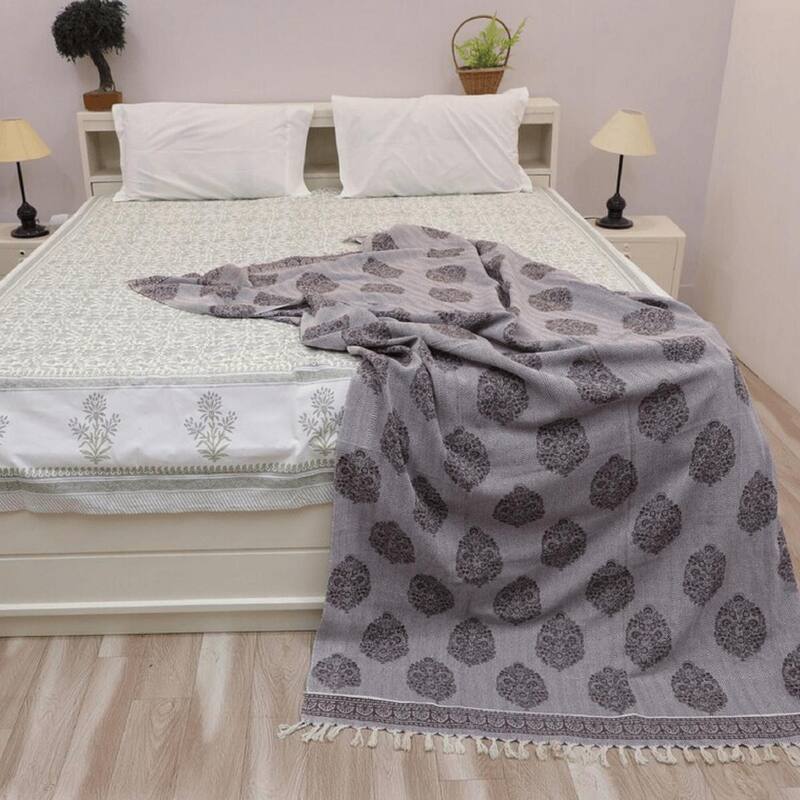 Fabdivine Guldasta Handcrafted Cotton Blanket - Floral Print Throw for Living Room, Bed, or Sofa with Hand-Tied Fringe, 90"x54"