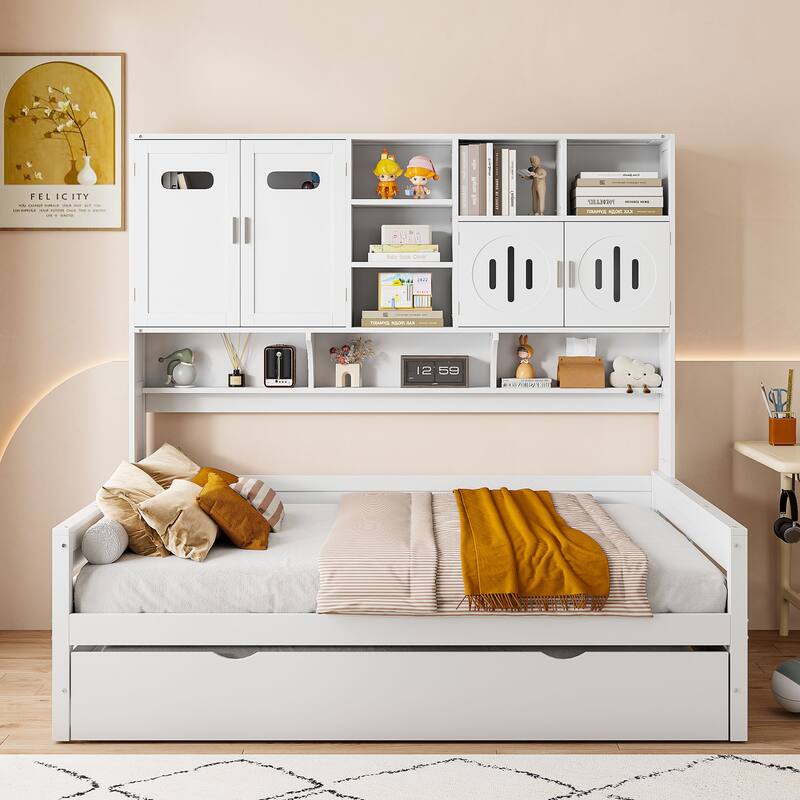 Full Size Wood Daybed with Built-in Storage Cabinet, Open Shelves & Twin Trundle Bed, Space-Saving Multi-Functional Frame