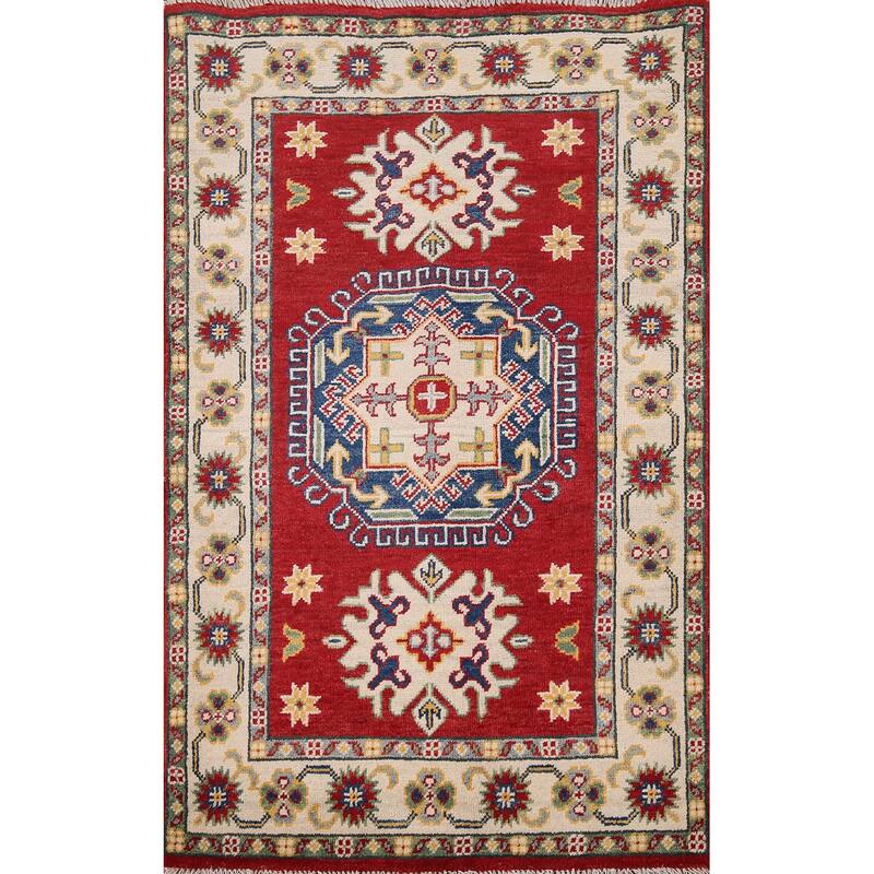 Red Geometric Kazak Foyer Rug Handmade Wool Carpet - 2'10" x 4'1"