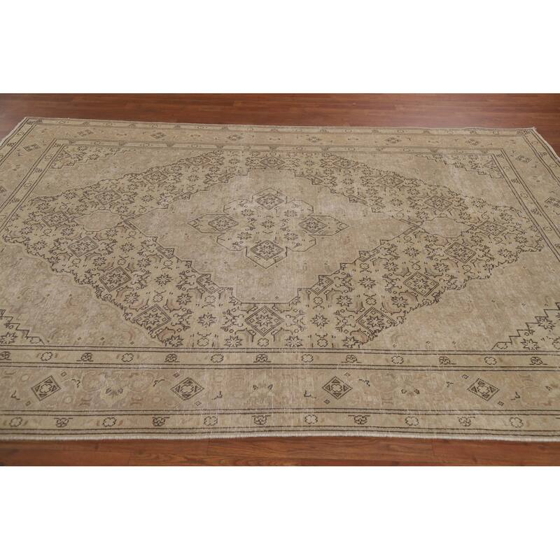 Distressed Tabriz Persian Vintage Rug Handmade Beige Wool Carpet - 6'5" x 9'5"