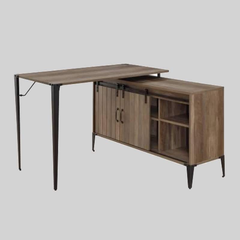 Stylish Writing Desk with Sliding Barn Door and Black Metal Legs for Home Office - Oak