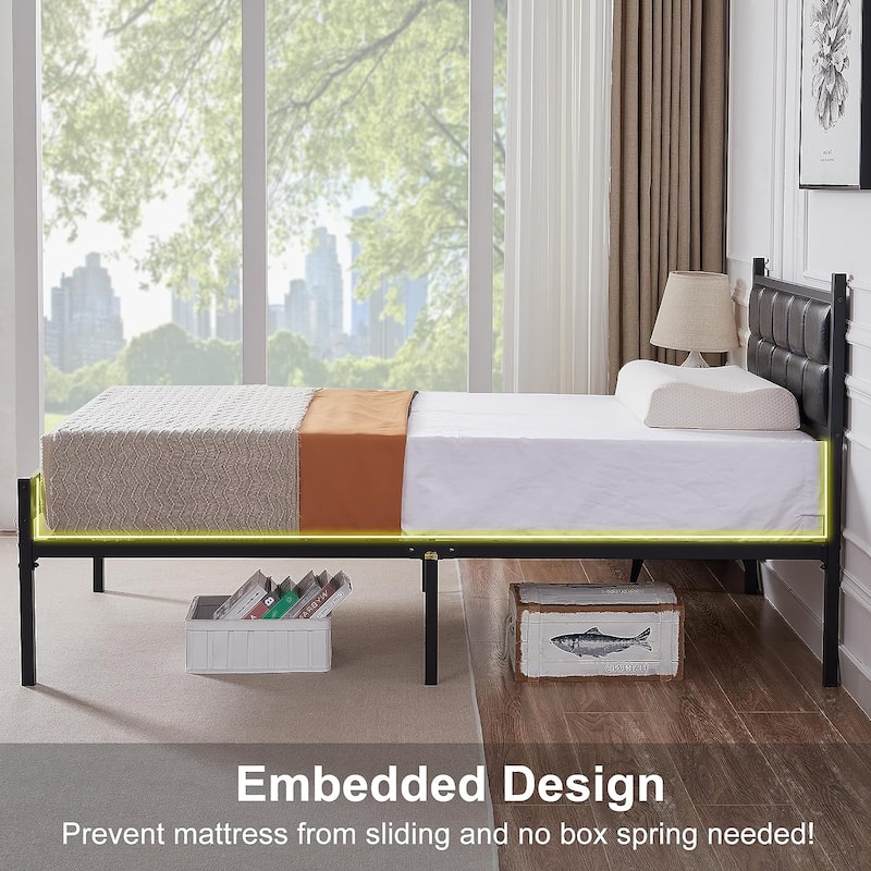 VECELO Faux Leather Tufted Bed, Metal Frame Bed Frame