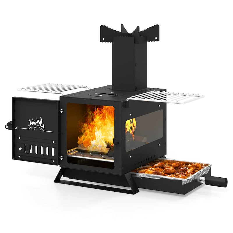 Costway Wood Burning Stove with Heat Resistant Glass Window, Grill - See Details - Stainless Steel