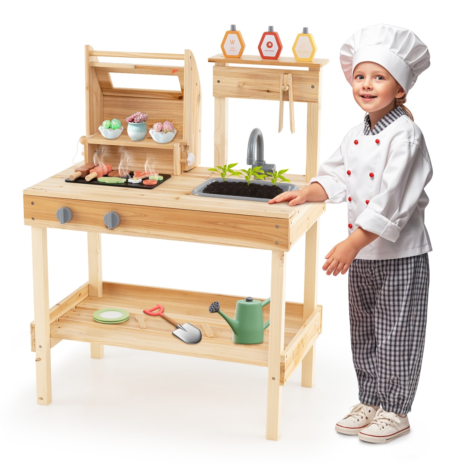 Gymax Wooden Barbecue Grill Playset w/ Play Food Grilling Tools &