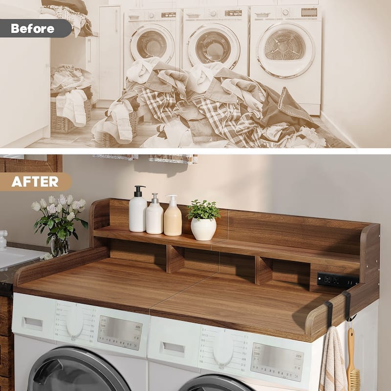 2-Tier Washer and Dryer Countertop with Power Outlet for Fold Clothes, Laundry Topper with Non-Slip Pads and Storage Basket