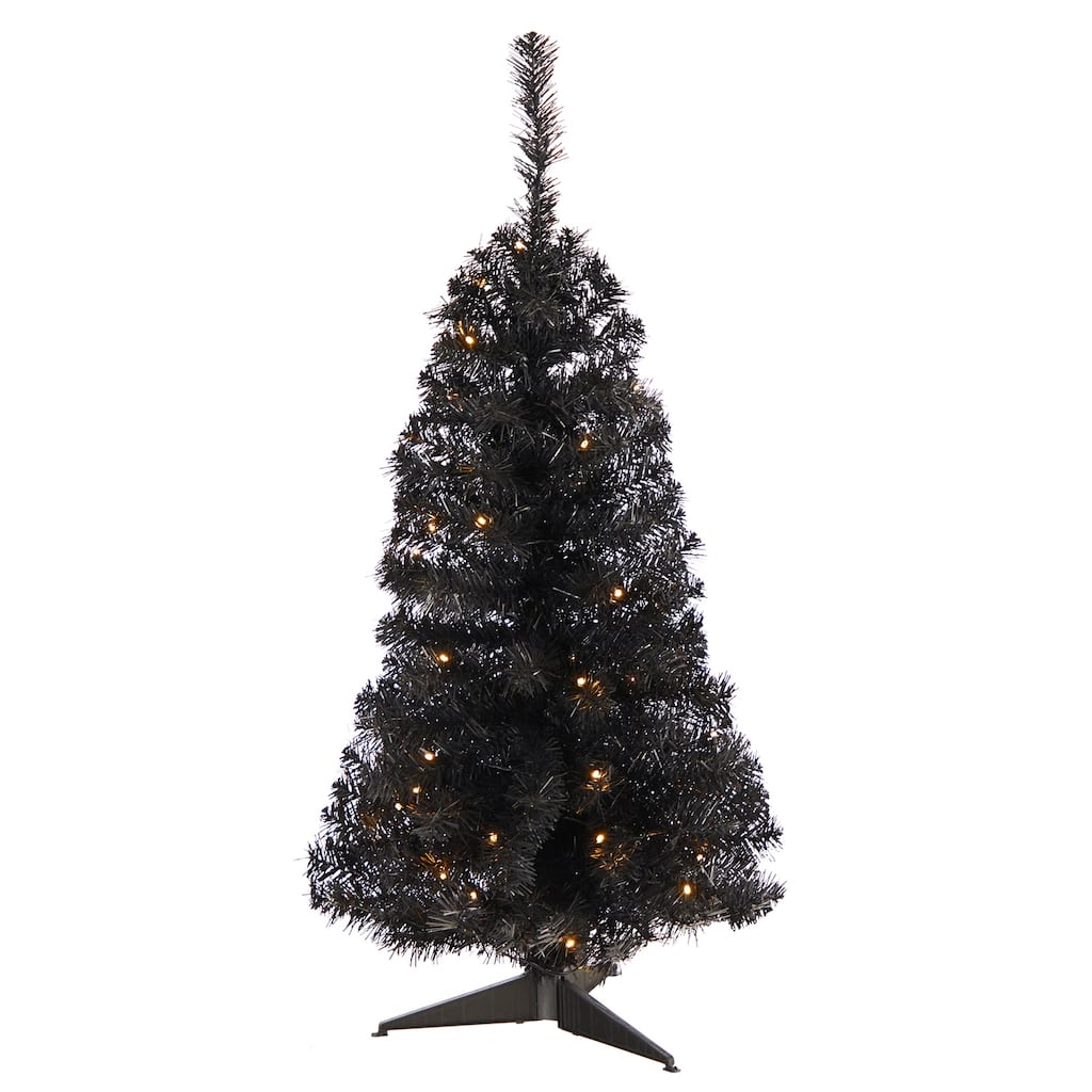3ft. Black Artificial Christmas Tree with 50 LED Lights & 118 Branches - Modern Festive Holiday X-Mas Accent