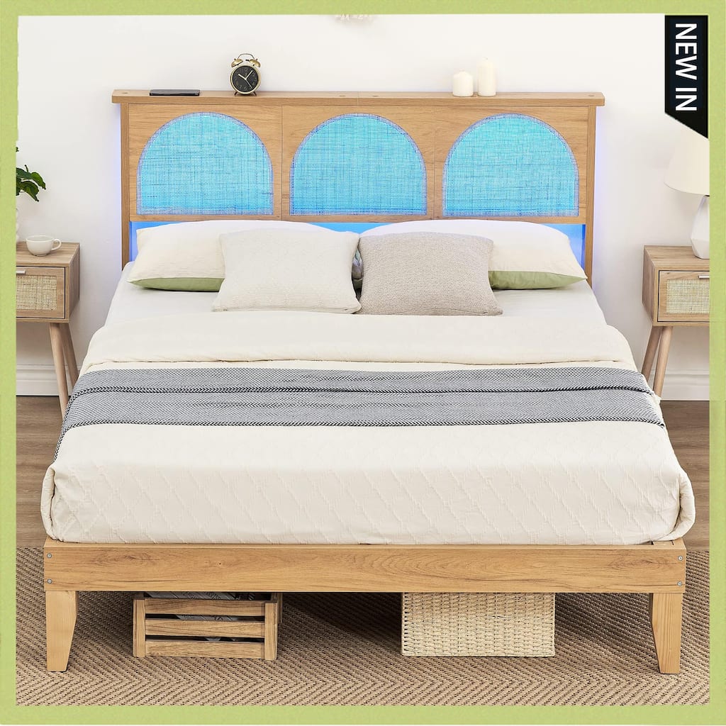 Bed Frame with LED Light and Rattan Headboard