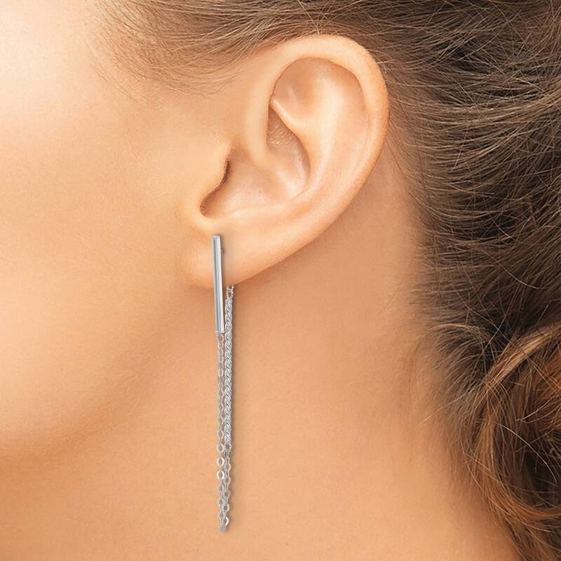Curata 14k White Gold Polished and Twisted Stick With Chain Post Earrings - 56x1.5mm Wide