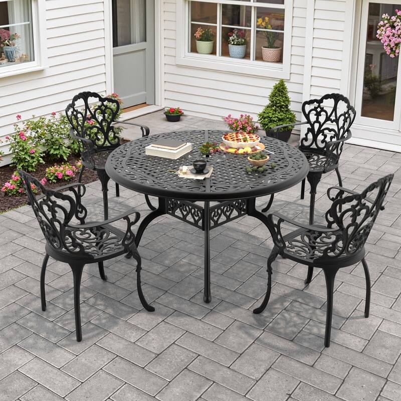 5/7-Piece Cast Aluminum Outdoor Dining Set with 48.03 in. Round Table and Cushions