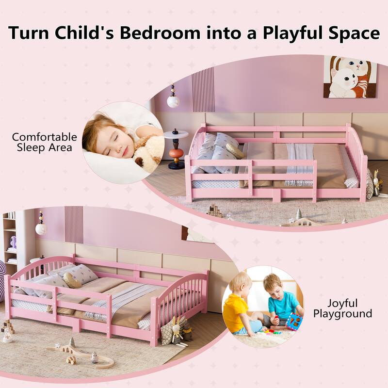 Roomfitters Montessori Floor Bed with Guardrails, Solid Wood Low Platform Bed with Slats, Easy Assembly