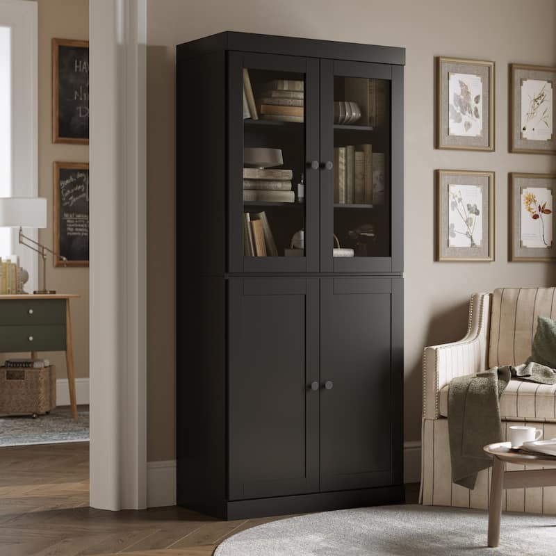 Palace Imports 100% Solid Wood 6-Shelf Bookcase with Clear Glass, Shaker Doors and Adjustable Shelves - Black