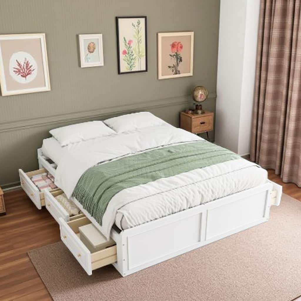 Queen Size Platform Bed Frame with 6 Under-Bed Storage Drawers, Sturdy Wood Construction, No Box Spring Needed