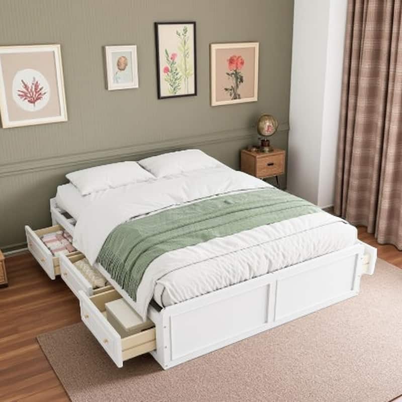 Queen Size Platform Bed Frame with 6 Under-Bed Storage Drawers, Sturdy Wood Construction, No Box Spring Needed - White