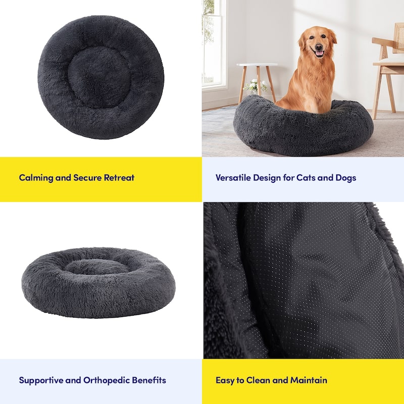 Round Calming Soft Warm Shaggy Plush Faux Fur Donut Pet Dog Cat Sleeping Bed