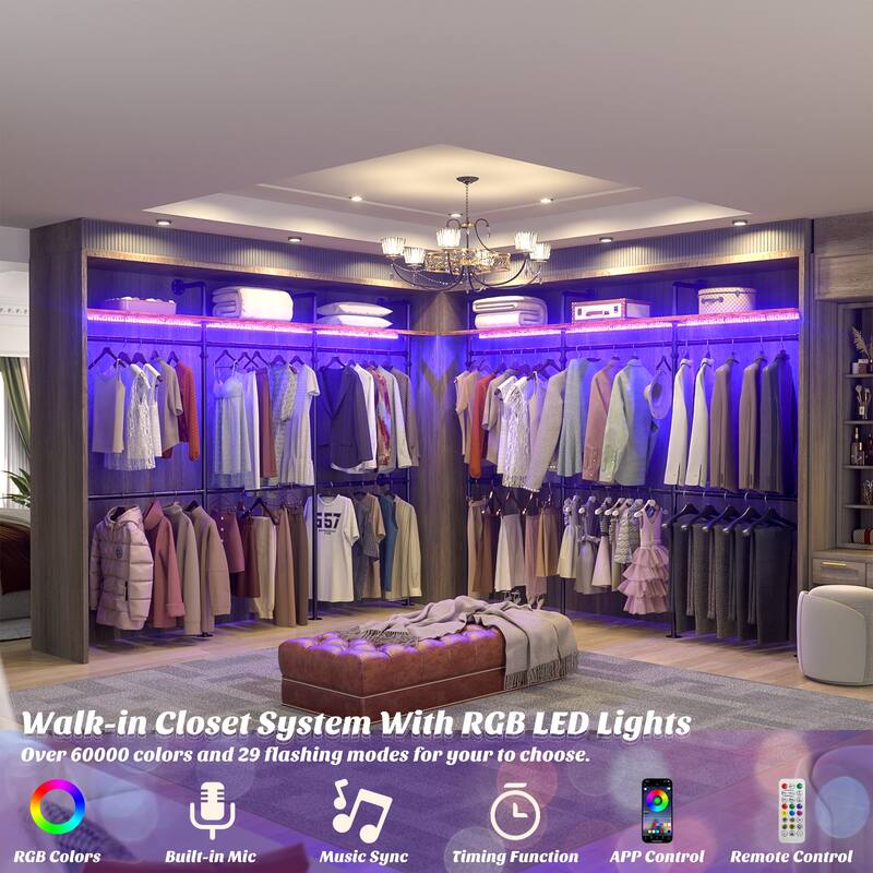 Industrial Pipe Clothing Rack, Reversible 118.3'' Garment Rack with LED Lights& Shelves for Walk-in Closet