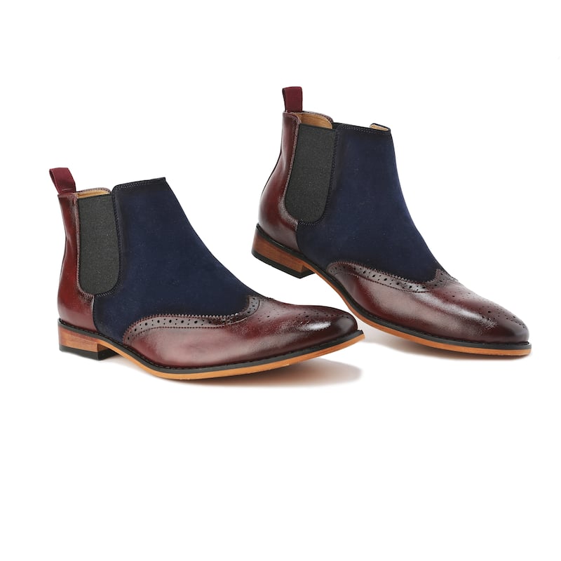 Gino Vitale Mens Wingtip Brogue Two-Tone Chelsea Boots - Wine/Navy - 12