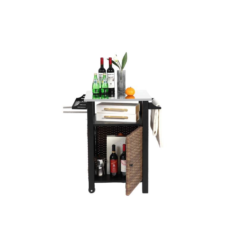 Single door bar cart, Kitchen Wicker Island Rolling Cart & Storage Cabinet, Wheels and Stainless Steel Extended Table Top